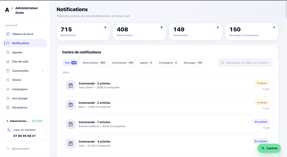 Centre de notifications Alyo